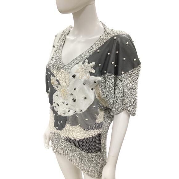 VTG Domallo Sweater Women’s Size M Handmade In Israel Leather Faux Pearls Knit - Picture 2 of 6